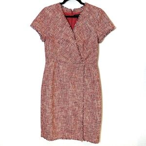 Banana Republic Red Tweed Fringe Faux Wrap Sheath Dress Size 10 Office Mad Men